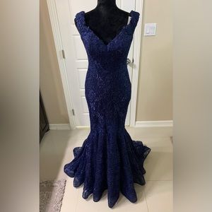 New Women’s Navy Blue Lace Sequin Mermaid Dress